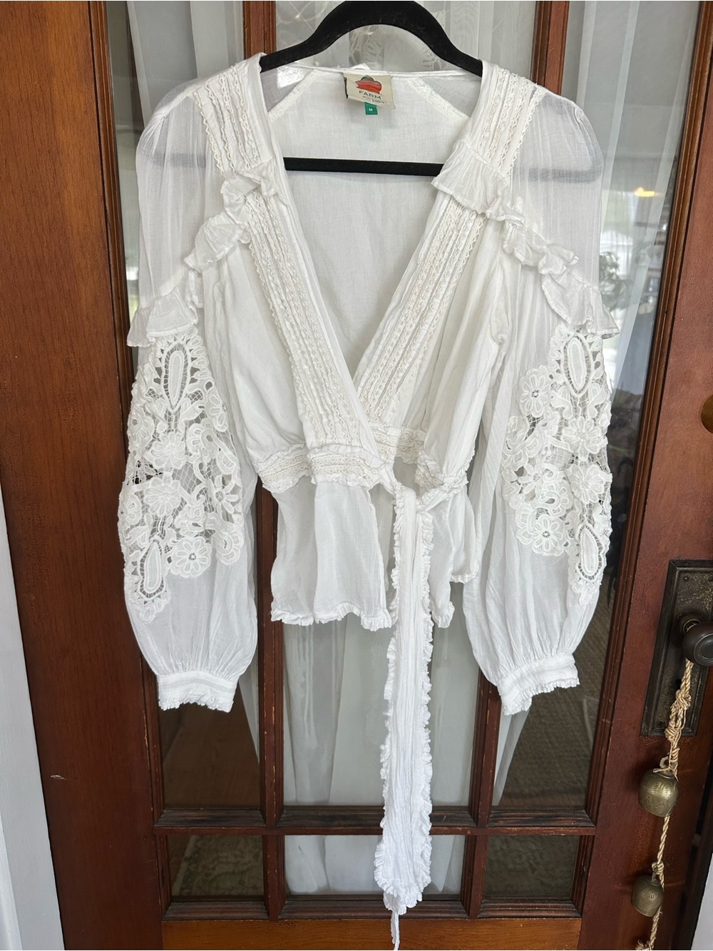 Farm Rio Beautiful White Lace-Embellished Wrap Blouse 100% Cotton
